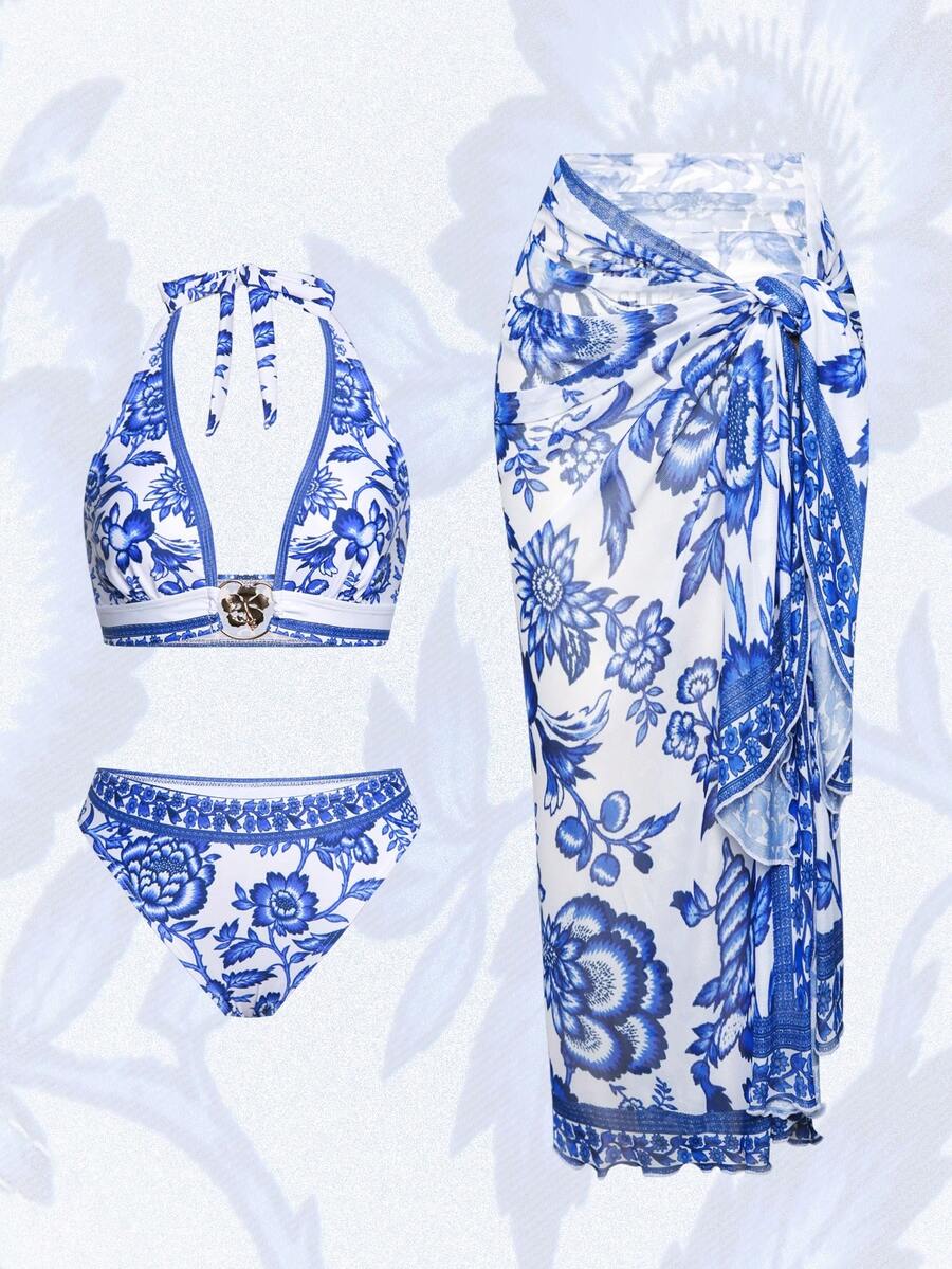 Swim Oasis 3pcs/Set Fashionable Print Design Swimsuit Set With Beach Cover-Up, Summer - Blue and White - View 1