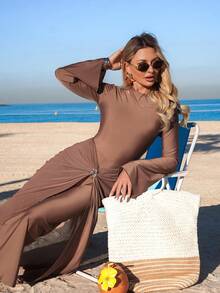 Swim Mulvari Premium Quality Elegant Solid Color Burkini Swimsuit With Beach Dress, Summer - Coffee Brown - View 3