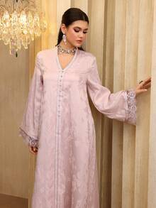 SHEIN Najma Đầm dài tay xòe cổ chữ V thanh lịch với họa tiết ruy băng jacquard và ren phối hợp dành cho nữ. - Hồng - Xem 4