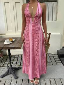 SHEIN SunnyBelle 条纹深V领露背系带A字长裙，优雅百搭，适合春夏度假、婚礼、派对、简约休闲、日常穿着。 - 粉色 - 查看 6