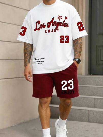 Manfinity LEGND 男士休闲字母印花短袖T恤短裤套装，夏季