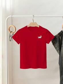 Resyla 女士小狗刺绣休闲圆领短袖标准尺码T恤 - 紅色 - 查看 3