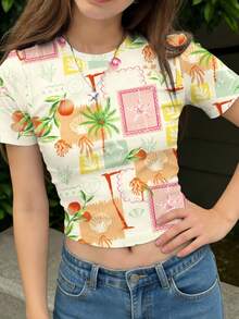 Teen Girls' All-Over Print Round Neck Casual Short Sleeve T-Shirt, Summer - Multicolor - View 5