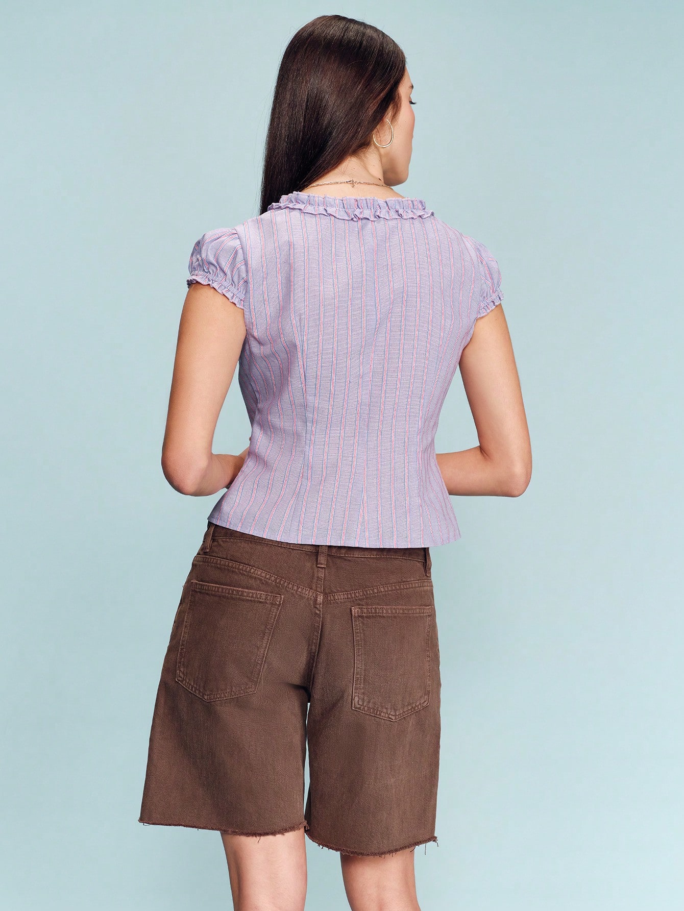 Lilac Striped Fitted Blouse With Ruffled V Neck Button Front And Puff Short Sleeves Cute Vintage Spring Summer French Style Parisian Style Women's Blouses For Summer Summer Shirts Woman Button Up Top