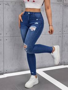 SHEIN Tall Quần jeans nữ dáng ôm, rách, có túi, phong cách thường ngày, đa năng. - Rửa tối - Xem 6