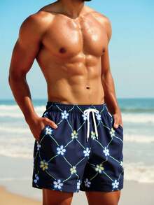 Manfinity Swimmode 男士夏季度假花卉格纹印花抽绳腰斜插口袋沙滩短裤 - 藏蓝色 - 查看 6