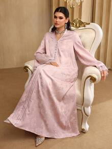 SHEIN Najma Đầm dài tay xòe cổ chữ V thanh lịch với họa tiết ruy băng jacquard và ren phối hợp dành cho nữ. - Hồng - Xem 7