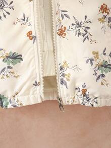 SHEIN 青少年女孩蓬松领拉链连帽全印花保暖内衬冬季夹克