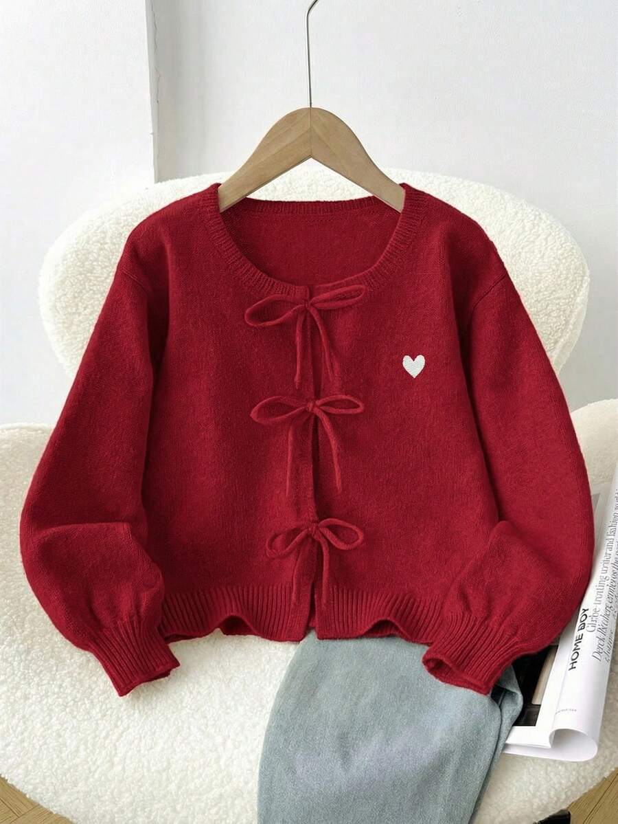 SHEIN Frenchy Áo khoác cardigan nữ kiểu dáng tối giản, màu đỏ đậm, nền trắng, thêu họa tiết trái tim thật, có nơ, thích hợp cho mùa xuân/hè. - Nhiều màu - Xem 1