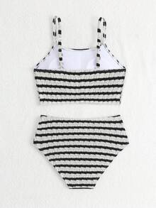 SHEIN 女童条纹两件套泳衣，可爱黑色条纹图案，可调节肩带，高腰泳衣套装，高腰比基尼，保守比基尼套装，度假两件套，两件式泳衣，泳装套装，女童泳装两件套，夏季泳装，沙滩装，女童泳装套装，条纹比基尼套装，少女泳装两件套，两件式沙滩装，黑白条纹泳衣 - 黑與白 - 查看 2