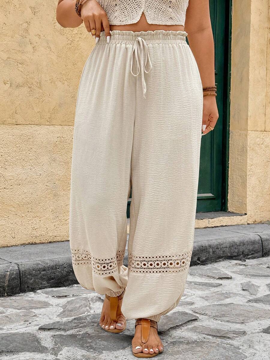 Breezaya Pantalones de linterna casuales de uso diario con cintura con cordón y fruncidos para mujer de talla grande - Albaricoque - Ver 1