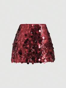 SHEIN PETITE 性感A字高腰紧身亮片蝴蝶结腰带派对迷你裙，四季皆宜 - 酒紅色 - 查看 2