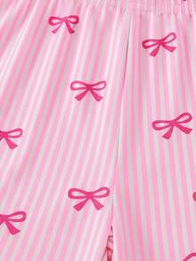 2件套少女甜美可爱优雅简约时尚新款粉色蝴蝶结圆领短袖上衣和配套粉色条纹蝴蝶结短裤休闲舒适睡衣 - 粉色 - 查看 8