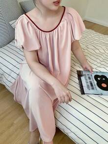 Dazy Plus Loose Backless Tie Casual Cute Long Nightgown, Pink, Spring/Summer - Pink - View 5