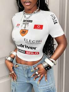 BamGleam Women's Round Neck Letter & Number Print Casual Versatile Daily Wear Short Sleeve T-Shirt - White - View 4