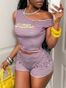 BamGleam Bộ đồ thường ngày dành cho nữ: Áo và quần short kẻ sọc lệch vai in chữ, thích hợp mặc đi chơi. - Đen và trắng - Xem 8