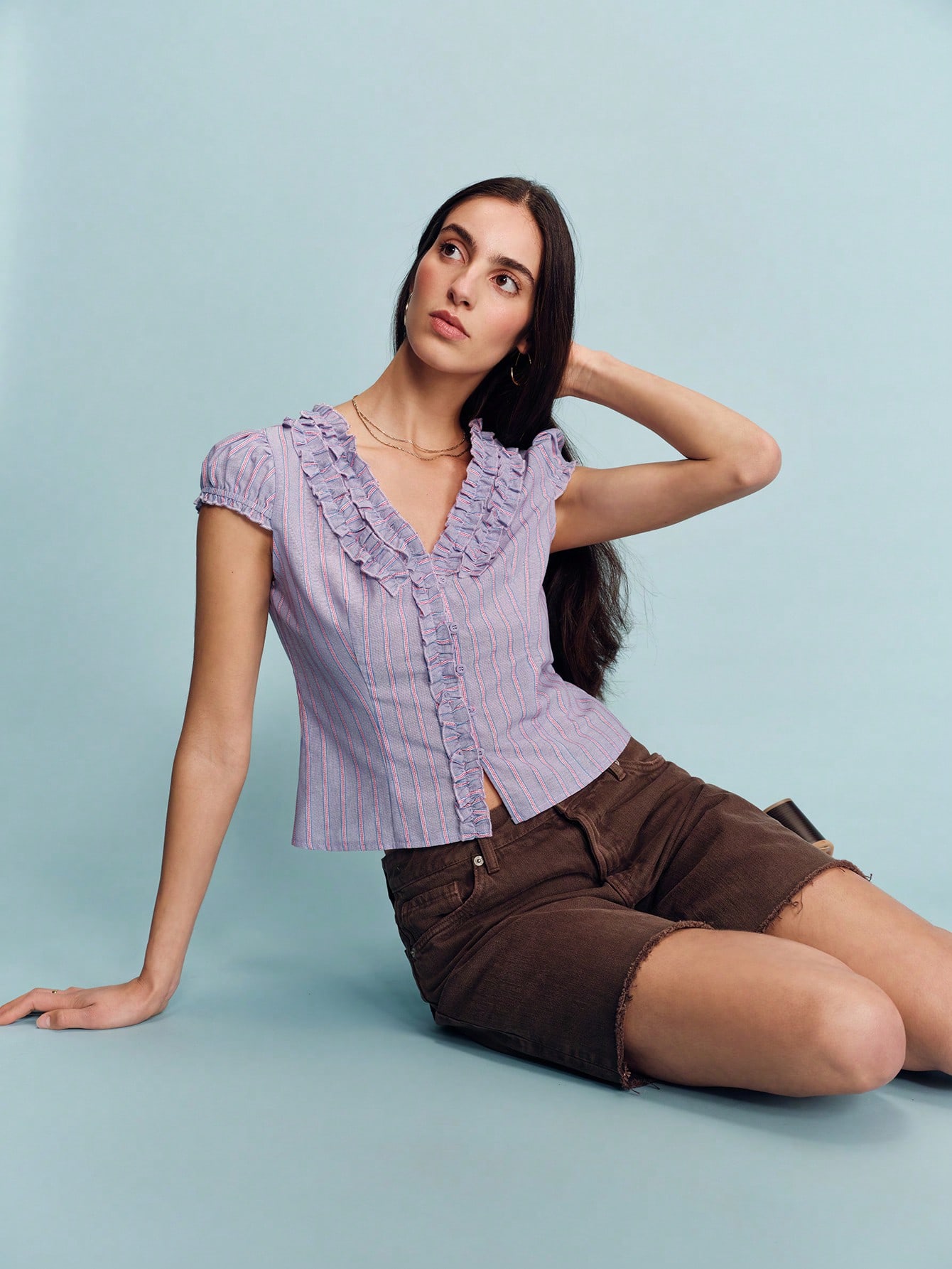 Lilac Striped Fitted Blouse With Ruffled V Neck Button Front And Puff Short Sleeves Cute Vintage Spring Summer French Style Parisian Style Women's Blouses For Summer Summer Shirts Woman Button Up Top