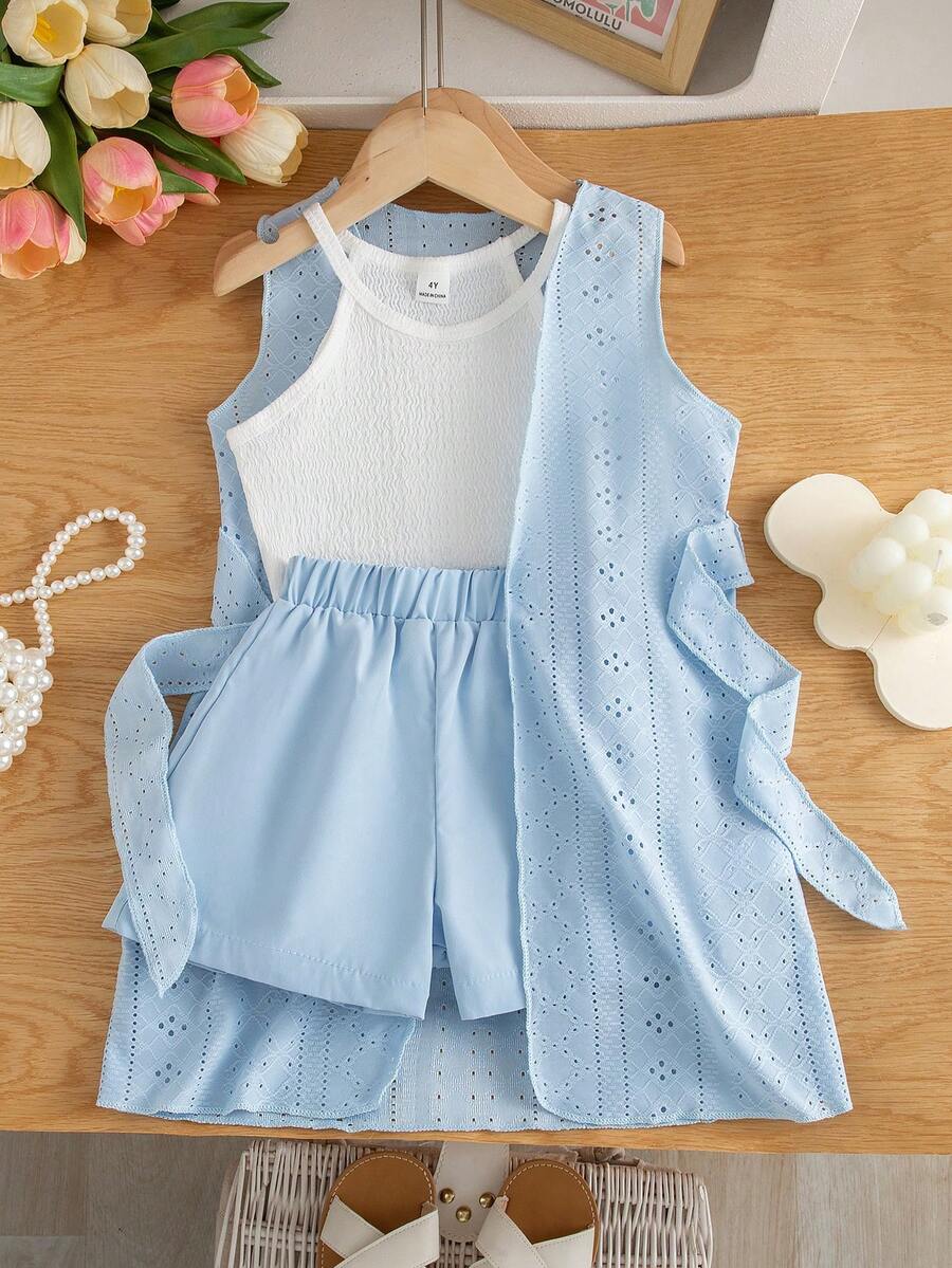 SHEIN Elladie kids 3件組少女夏季休閒細肩帶短版上衣、短褲、無袖針織提花薄開襟衫附腰帶裝飾,親子度假套裝 - 彩色 - 查看 1