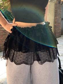 FRIFUL Women's Lace Patchwork Ruffle Hem Sexy Versatile Date Party Mini Skirt