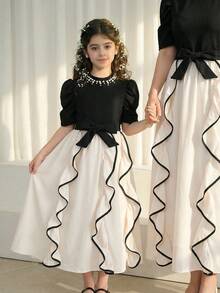 SHEIN 女童休闲印花收腰长连衣裙，适合日常穿着和通勤。 - 彩色 - 查看 3