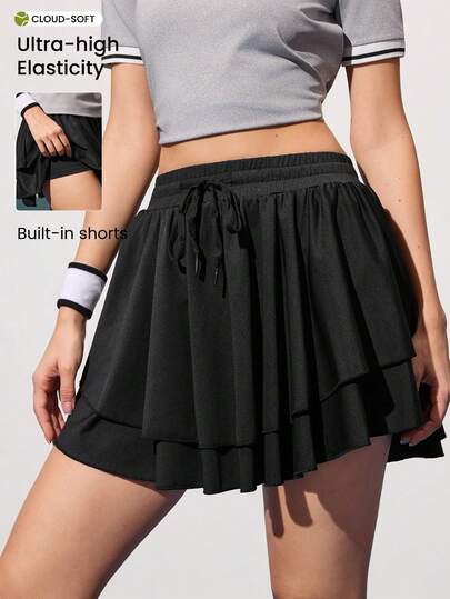 CourtClass Women's Casual Sports Minimalist Solid Color Drawstring Waist Multi-Layer Hem Short Tennis Skirt, Summer