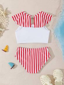 Bộ đồ bơi tankini kẻ sọc phối nơ mùa hè cho bé gái, bộ đồ bơi kẻ sọc đỏ trắng cho bé gái, bộ đồ bơi hai mảnh phong cách preppy cho bé gái, bộ đồ bơi hai mảnh cho bé gái nhỏ, bộ đồ bơi hai mảnh dễ thương cho bé gái, bikini hai mảnh cho trẻ em. - trắng - Xem 2