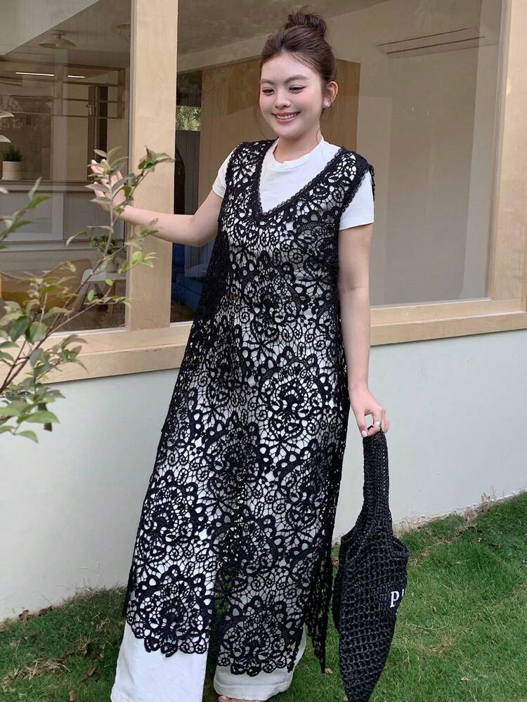 Dazy Plus Plus Size Women V-Neck Lace Patchwork Hollow Out Casual Versatile Date Night Dress Sundress Summer