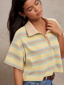 WESTFADE 条纹罗纹针织半袖宽松版型橄榄球Polo短款上衣 - 彩色 - 查看 1