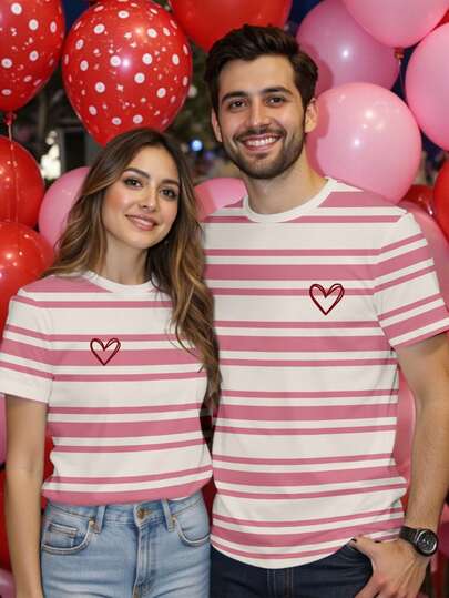 Manfinity Homme 男士休闲条纹爱心印花圆领短袖T恤，夏季