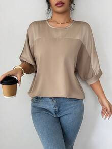 Elenzga Áo kiểu nữ mùa xuân/hè mới, chất liệu satin dệt họa tiết, cổ tròn, tay ngắn, vai rớt, dáng rộng, thoải mái, dễ mặc hàng ngày. - Màu Khaki - Xem 4