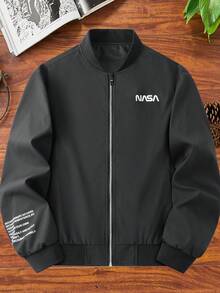 Manfinity Homme Men's Spring/Autumn New Business Casual Jacket, Middle-Aged Versatile Retro Outerwear, Print American Stand Collar Zip-Up Jacket, Regular Fashionable Solid Color Menswear, Stylish Varsity Jacket, Suitable For Outdoor Activities And Boyfriend Gifts Black Jacket Zip Up Jacket Graphic Jacket Daily Leisure, Weekend Trips, Travel Expeditions, Relaxed Work Environments , Boyfriend/Husband Gift, Anniversary /Birthday Gift Party Summer Vacation Holiday - Black - View 4