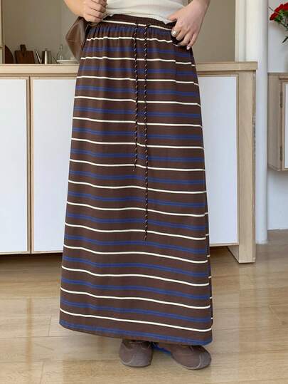Dazy Plus Falda larga casual de punto con cintura elástica, cordón y rayas de moda, en múltiples colores