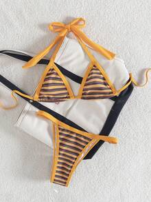 Swim Mod 两件套女士条纹提花面料挂脖系带微三角比基尼上衣和可调节高腰三角比基尼下装泳衣套装 - 橘色 - 查看 3