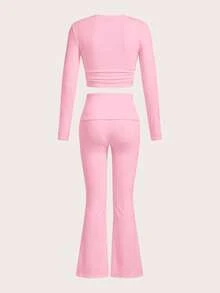 Slaydiva 2025fall Clothes For Women/Winter Clothes For Women/Sets 2 Piece Women/Flare Jeans/Long Sleeve Tops/Casual Round Simple Collar Long Sleeve Yoga Pants Short Pleated Top Yoga Wide Leg Pants Flared Pants Trousers Women's Two Pieces Suit/Y2k Clothes/Streetwear/Going Out Tops Women/Vintage Car Graphic Carnival - Baby Pink - View 2