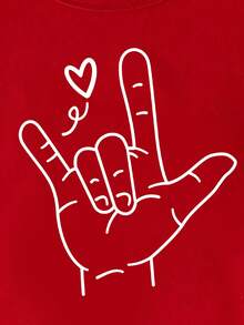 春夏男童休闲时尚创意个性清新可爱简约手势爱心图案印花基础款短袖T恤，舒适百搭，适合情人节假日氛围 - 酒紅色 - 查看 3