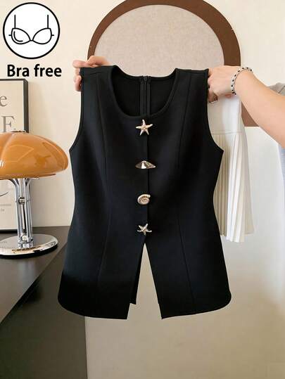 GlowEve Women's Metal Starfish Decor Fashion Crew Neck Camisole Black Vest Women ,Sleeveless Tops For Women Business, Tops For Women Elegant ,Vest With Embellishments 3 Day Delivery Dress Top Women's Suits Vest Black Top Women