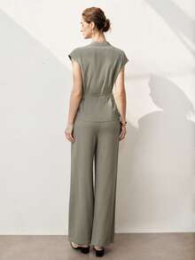 SHEIN Stylify 女士亚麻高领叠层领双排扣腰带金属扣装饰蝙蝠袖衬衫搭配前拉链宽松阔腿裤两件套，优雅法式复古浪漫通勤商务休闲海滩度假街头风穿搭，春夏新款 - 綠色 - 查看 2