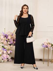 Modelyn Women's Black Knit Long Sleeve Lace Fabric Square Neck Pleated Rhinestone Embellished Elegant Top And Black Straight Leg Pants 2-Piece Set - Black - View 1