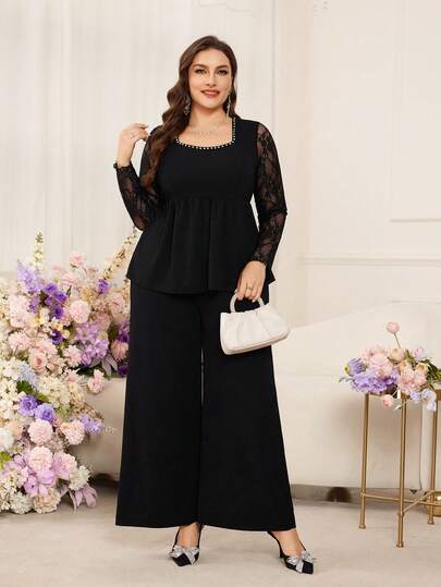Modelyn Damset med svart stickad långärmad spets, fyrkantig halsringning, veckad strassutsmyckad elegant topp och svarta raka byxor, 2-delat