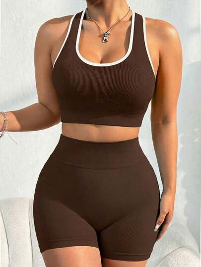 Rhythm Era 2pcs Seamless Sports Yoga Set: Double-Layer Racerback Tank Top & High-Waisted Shorts, Contrast Binding, Fitness Workout, Jogging, Aerobics, Cycling Brown Yoga Set Brown Workout Set Brown Athletic Set Sports Bra Shorts Set Brown Active Wear Set Ribbed Workout Set Brown Activewear Set Bodycon Short Set