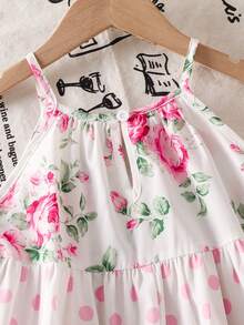 SHEIN Young Girls Pink Ditsy Floral Dress, Girls White Summer Party Ditsy Floral Contrast Color Polka Dot Spaghetti Strap Sleeveless Tiered Flowy Sundress - Pink - View 6