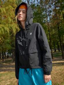 In My Nature Women's Hooded Zipper Front Letter Print Casual Versatile Daily Outdoor Long Sleeve Jacket - Black - View 1