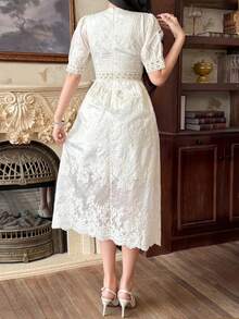 DAZY Elegant Embroidered V-Neck Lace Trim Cinched Waist Long Dress - Apricot - View 3