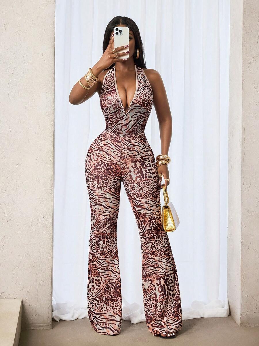 BamGleam Women's Leopard Print Mesh Sexy Jumpsuit, Summer - Brown - View 1