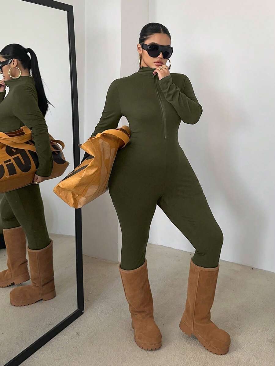 POPSWAY Bộ áo liền quần dài tay và quần dài màu đen cỡ lớn, khóa kéo phía trước, thắt eo, dáng ôm, màu trơn, đa năng, phong cách thường ngày. - Màu xanh Ô liu - Xem 1