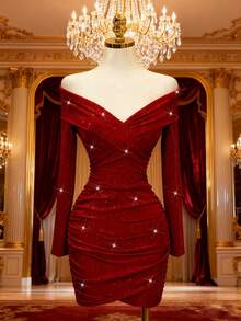 Chiquease 女士露肩亮片交叉褶皱紧身性感连衣裙 - 紅色 - 查看 1