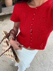 Sunnyshic Casual Versatile Vacation Style Women Short Sleeve Cardigan - Red - View 1