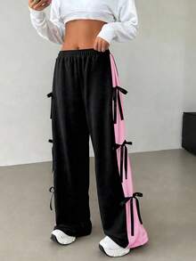 SHEIN EZwear 加大码黑色蝴蝶结松紧腰撞色直筒休闲运动裤，秋冬季 - 黑色 - 查看 4