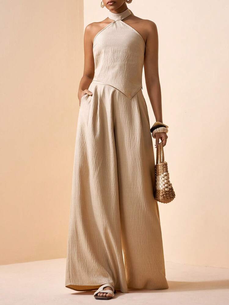 Zivah 2026 Spring/Summer New Casual Vacation Commuter Fitted Light Khaki Halter Neck Off-Shoulder Irregular Hem Top + Wide-Leg Long Women Two Pieces Set. Suitable For Dates, Valentine's Day, Everyday Wear, Casual Occasions, Party, Gatherings, Weddings, Vacations, Airport Outfits, Brunch, Commuting, Afternoon Tea,Western, Nomadic,Wedding Guest Attire-A - Khaki - View 4