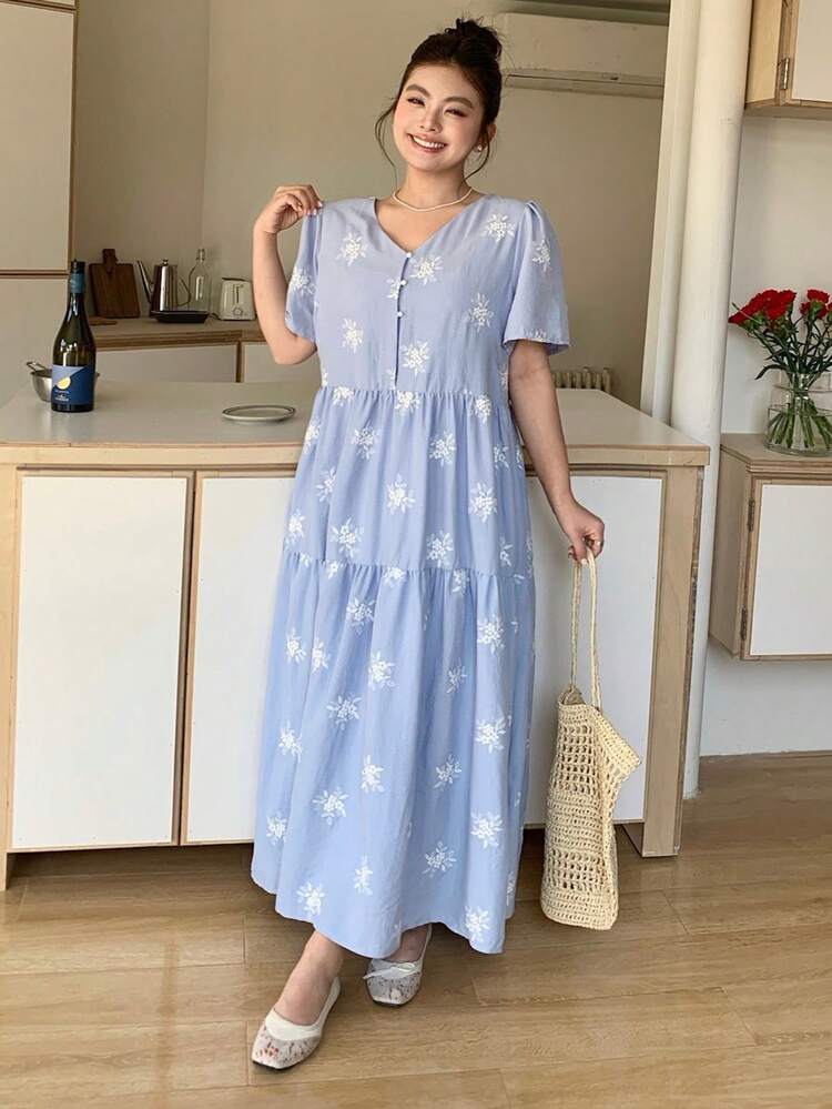 Dazy Plus Embroidered Floral Pattern Waist Cinched Casual Long Dress, Vacation Style, Plus Size, Blue, Spring/Summer Sundress